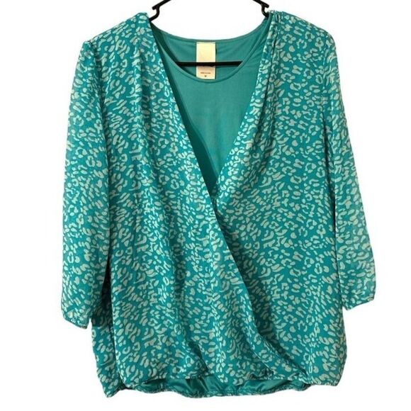 Vintage Blair Womens Blue Sheer AllOver Print Fully Lined Wrap Front Blouse sz M - Picture 2 of 4